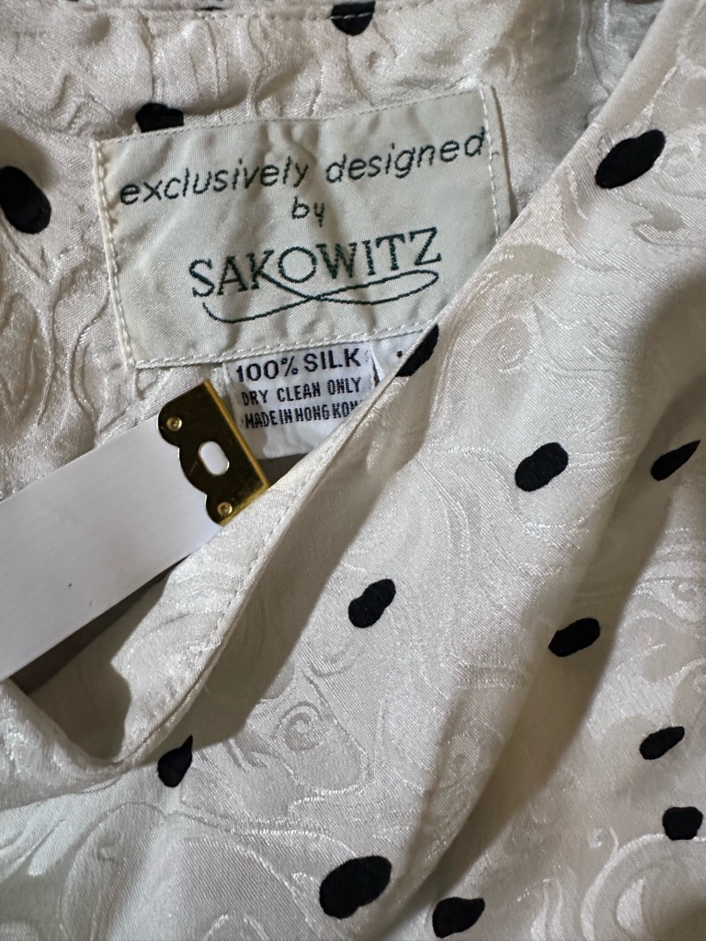 SAKOWITZ 100% Silk Polka Dot Asymmetrical Draped Midi Dress Size 10 Vintage - Picture 7 of 11